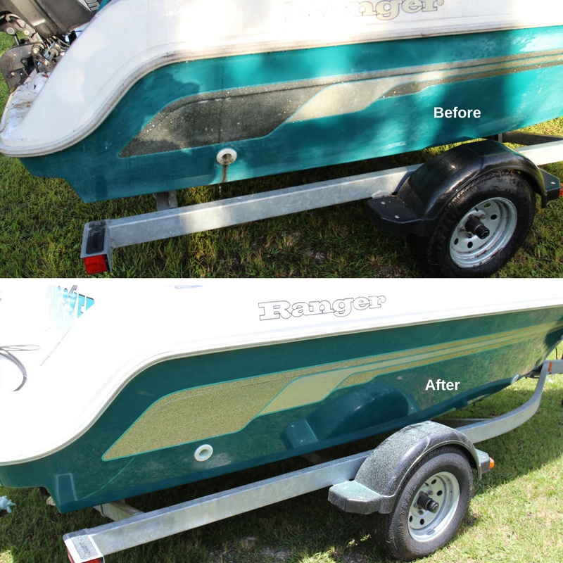 Before and After comparison after Glidecoat boat detailing on a green hulled boat
