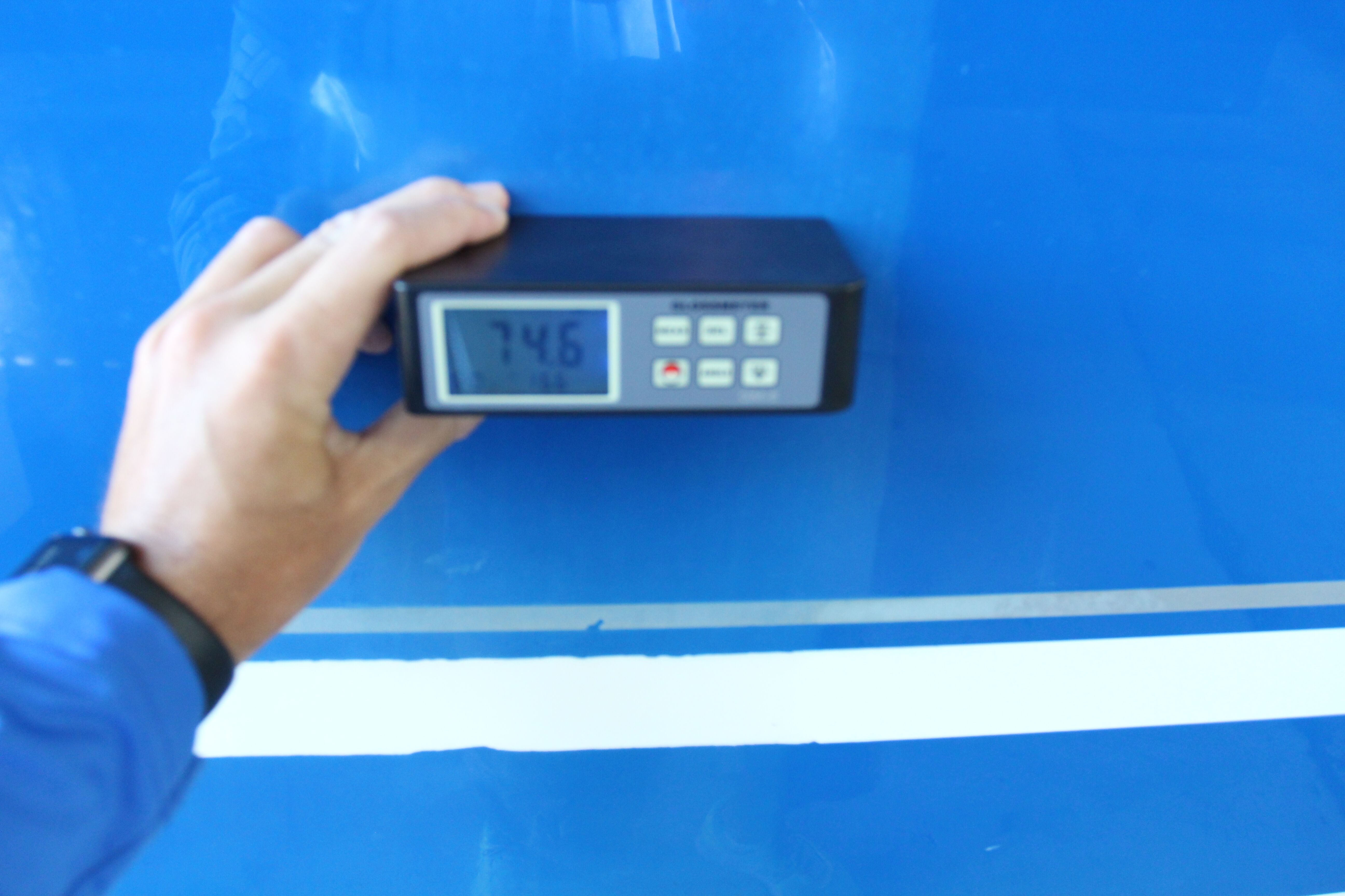 74.6 gloss meter reading before Glidecoat marine ceramic coating application