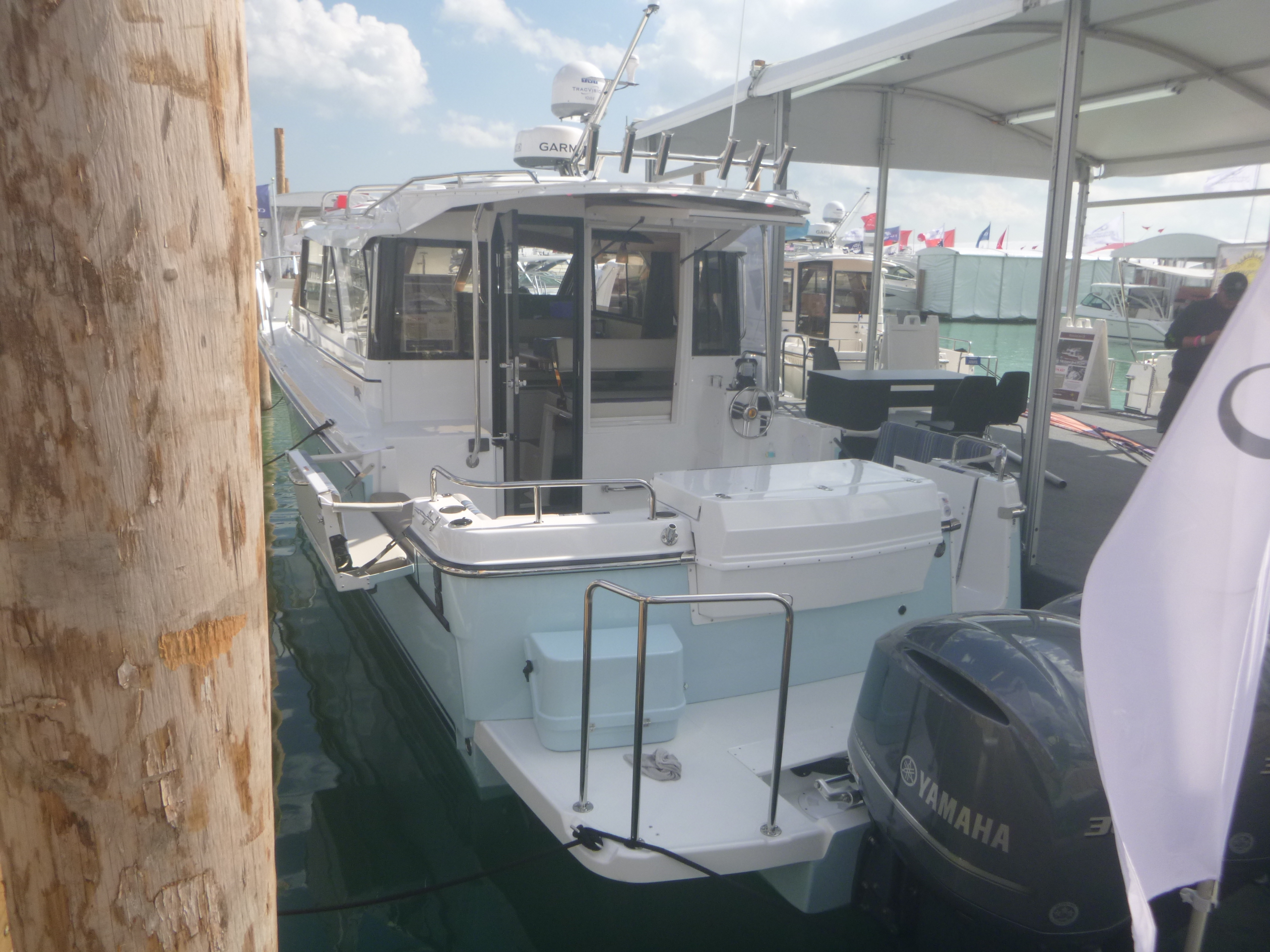 Transom of Cutwater boat docked at the Miami Boat Show