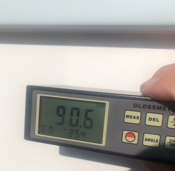 90.6 gloss meter reading on the hull of a brand new 31 Prowler with Glidecoat ceramic coating application